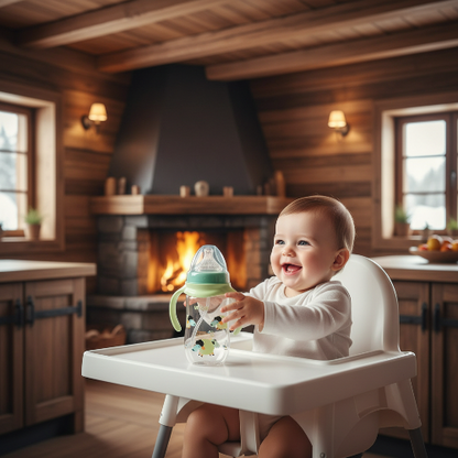 biberon vert sur la tablette de la chaise haute dans la cuisine au chalet