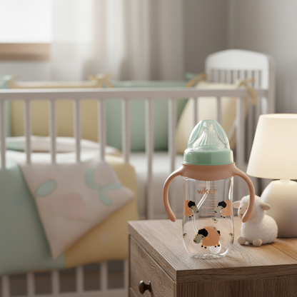 Biberon 300ml sur la table de chevet de bébé avec petit mouton
