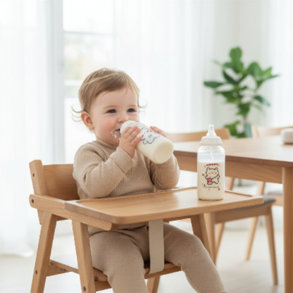 Biberon reconfortant ouron sur la chaise haute avec bébé