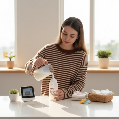 Biberon reconfortant ourson maman renplie la bouteille de lait sur le comptoir de cuisine