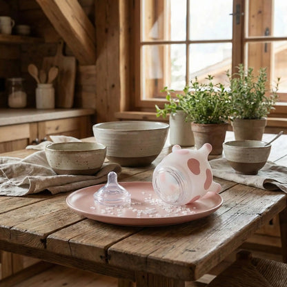 Biberon vache silicone anti coliques tache rose