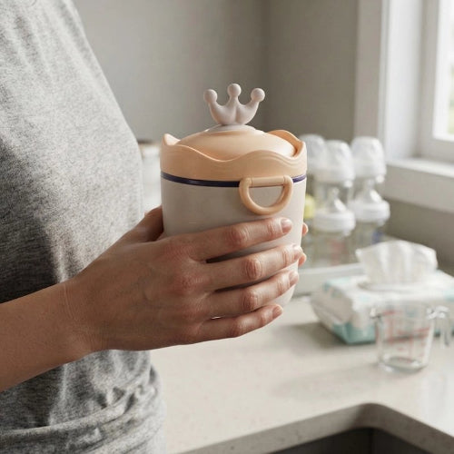 Boite doseuse lait précis dose jaune dans les mains de maman
