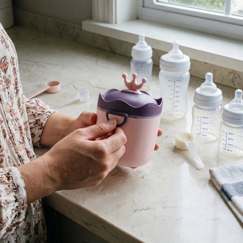 Boite doseuse lait précis dose violet dans les mains de maman prêt du comptoir