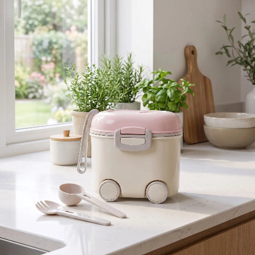 Boite doseuse lait avec roues avec petite cuillière à mesurer et petite fourchette sur le comptoir de cuisine