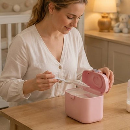 Boite doseuse lait doseuse précis rose sur le comptoir de cuisine