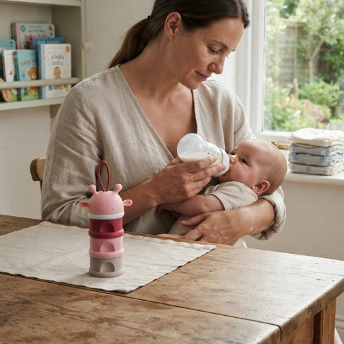 Boite doseuse lait girafe avec maman assise près de la table