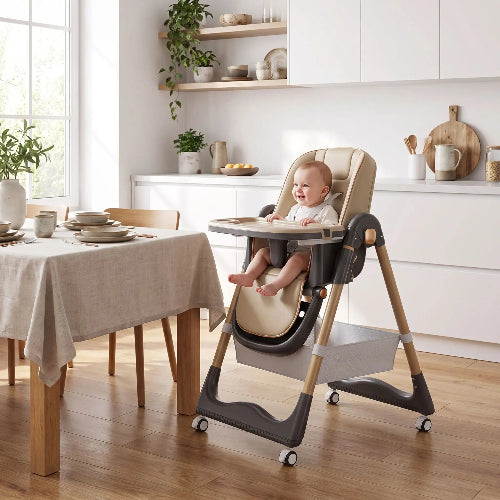Chaise haute bébé évolutive beige dans la salle a diner près d'une porte patio