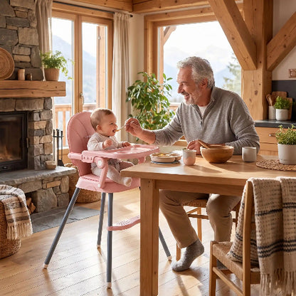 Chaise haue bébé à la table au chalet entrain de manger son diner avec grand papa