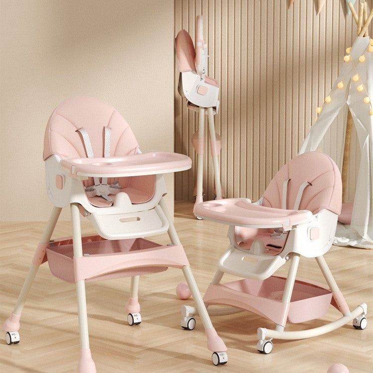 Chaise haute bébé pliable avec roulottes rose pâle