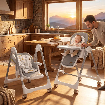 Chaise haute pour bébé gris bébé assis dans la chaise haute et papa a ses coté