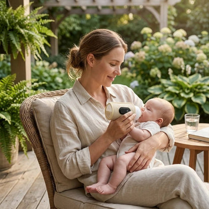 Chauffe biberon nomade beige sur la galerie avec maman et bébé