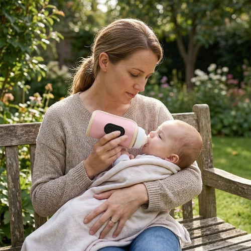 Chauffe biberon nomade maman assise avec bébé sur le banc de parc
