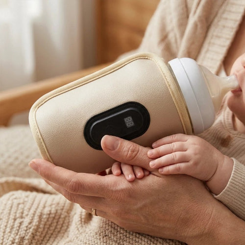 Chauffe biberon nomade sans fil rapide beige dans les mains de manan