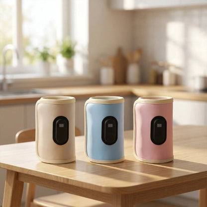 Chauffe biberon nomade sans fil rapide trois couleurs beige rose bleu sur le comptoir de cuisine