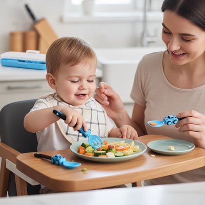 Couvert bébé​ ergononomique sécurisé amusant bleu