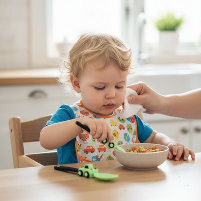 Couvert bébé​ ergonomique sécurisé amusant vert