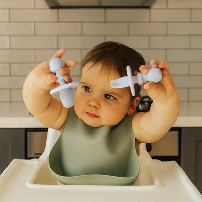 Couvert bébé silicone autonomie cuillère bleu 