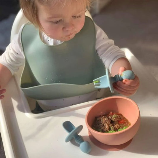 Couvert bébé silicone sutonomie cuillère bleu 