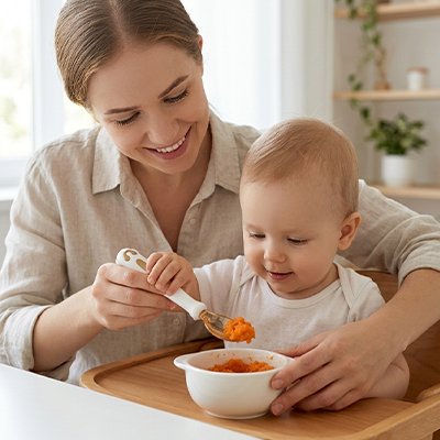 Couvert pour bébé ergonomique maniable avec puré