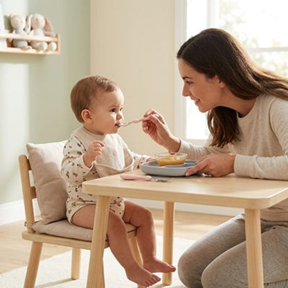 Couvert pour bébé roses sur la table de cuisine maman qui fait manger bébé