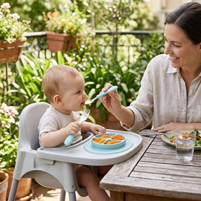 Couvert pour bebe​ dans les mains de maman qui fait manger son bébé assis dans la chaise haute