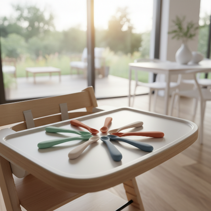 Couverts bébé ergonomiques sur la chaise haute de bébé couleurs différentes