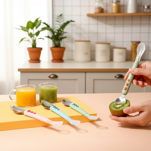 Cuillère bébé couleurs différentes sur le comptoir de cuisine