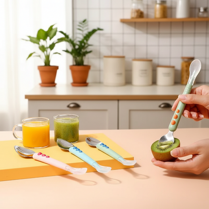 Cuillère bébé couleurs différentes sur le comptoir de cuisine