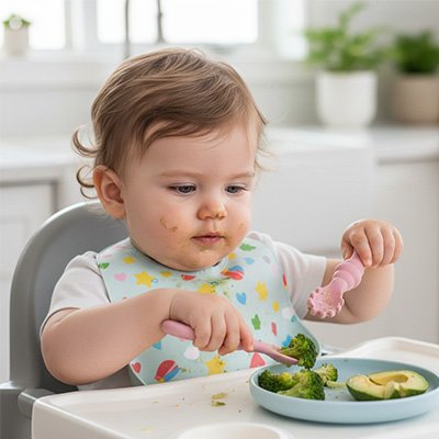 Cuillère bébé Ergonomique Marguerite avec brocolis 