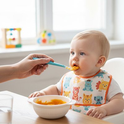 Cuillère bébé ergonomique avec bébé