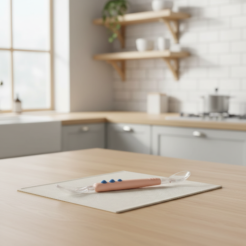 Cuillère bébé rose avec point bleu sur le napperon carré sur la table de cuisine