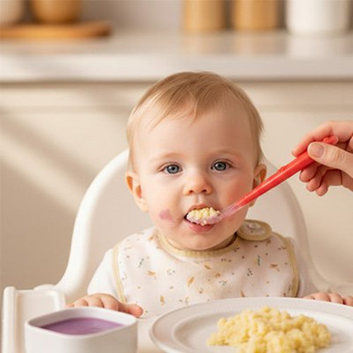 Cuillère bébé rouge bébé assis dans sa chaise haute maman lui donne à manger 