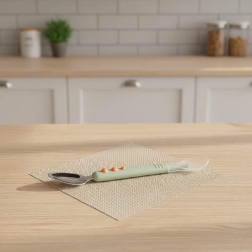 Cuillère bébé vert point orange sur le comptoir sur un napperon carré