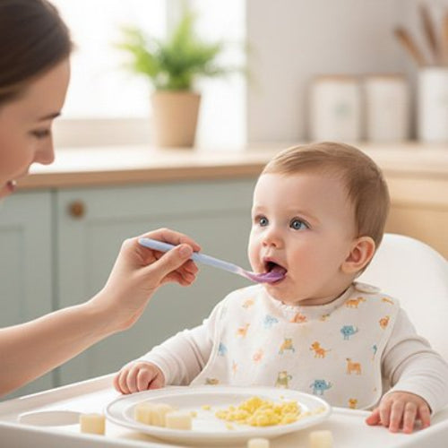 Cuillère bébé vert pâle dans les mains de maman qui donne à manger à bébé