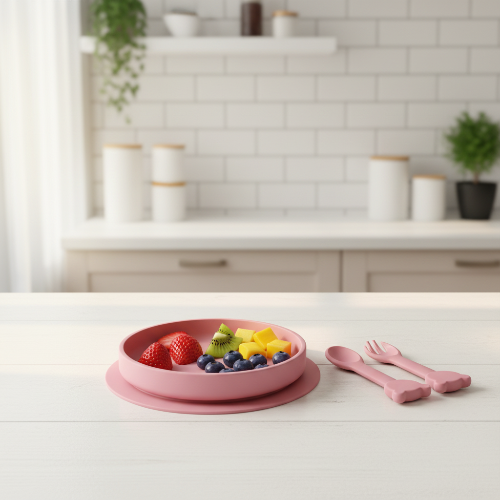 Cuillère et fourchette sur le comptoir de cuisine avec assiette de fruits