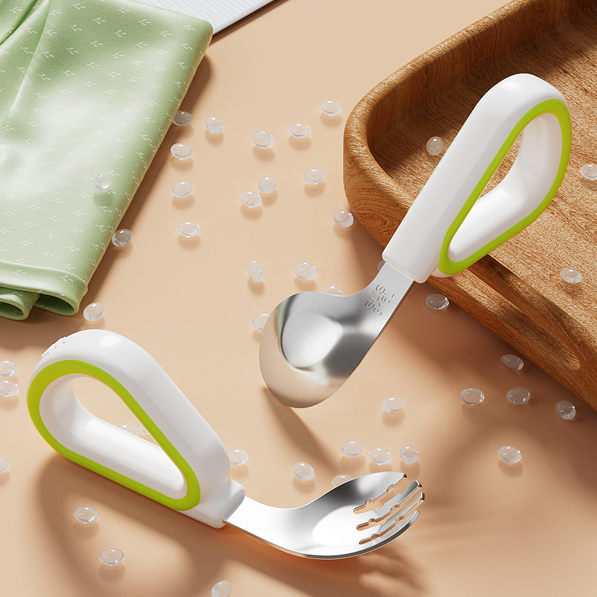 Cuillère ergonomique bébé vert blanc avec cristaux