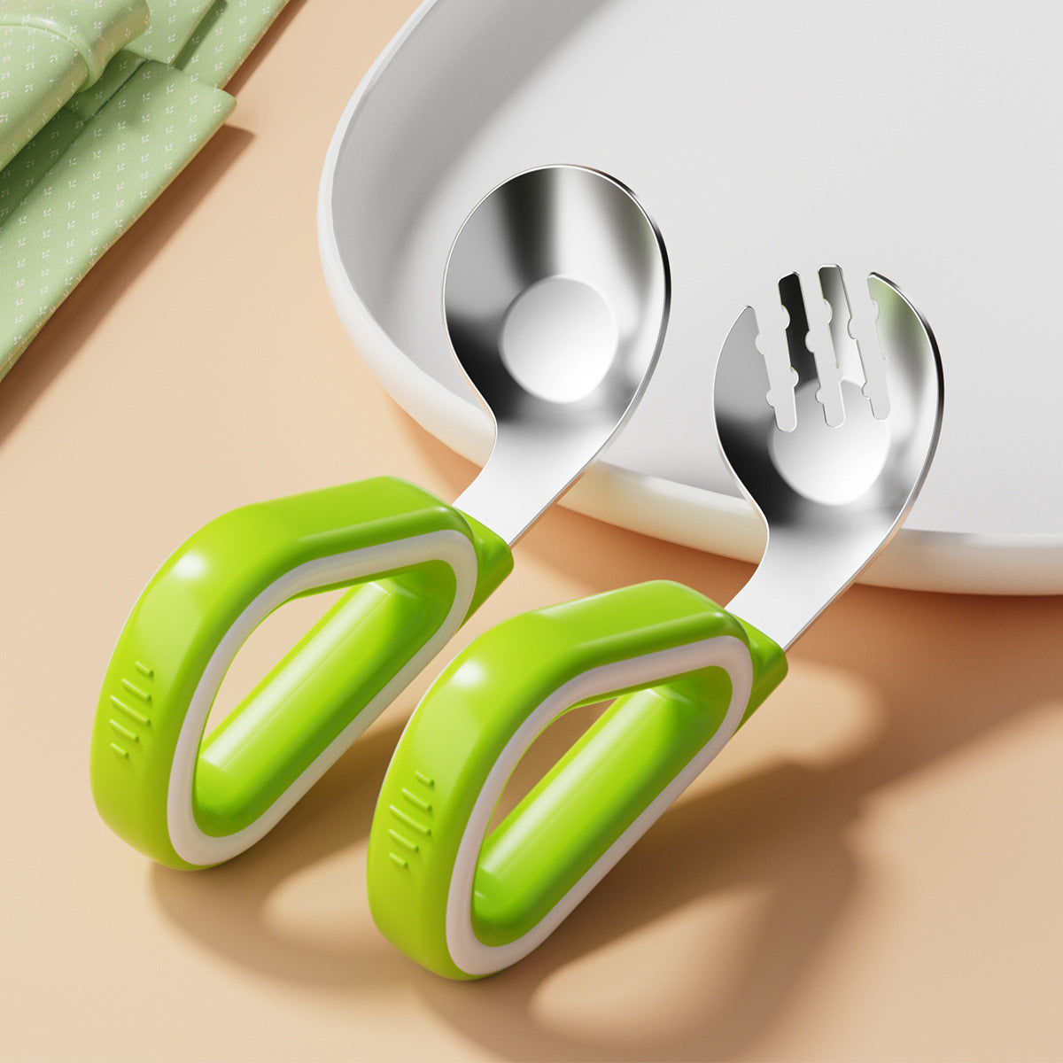 Cuillère ergonomique bébé vert jaune avec assiette