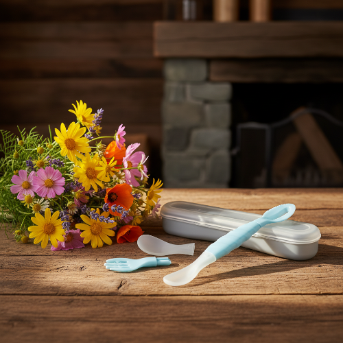 Cuillère ergonomique bleu avec étuits sur la table de cuisine au chalet avec bouquet de fleur coloré