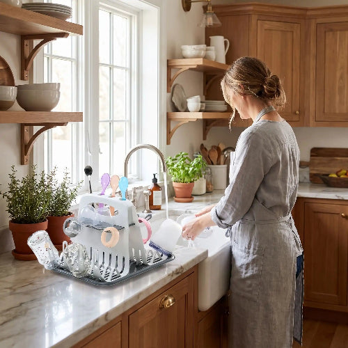 Egouttoir biberon hygienique blanc sur le comptoir de cuisine maman qui fait la vaisselle
