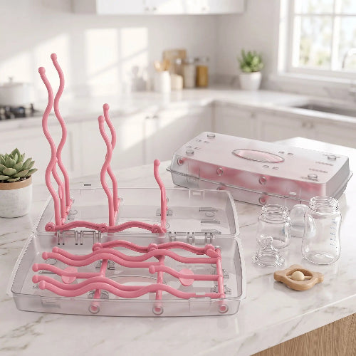 Egouttoir biberon ultra compact avec contenant transparant sur le comptoir