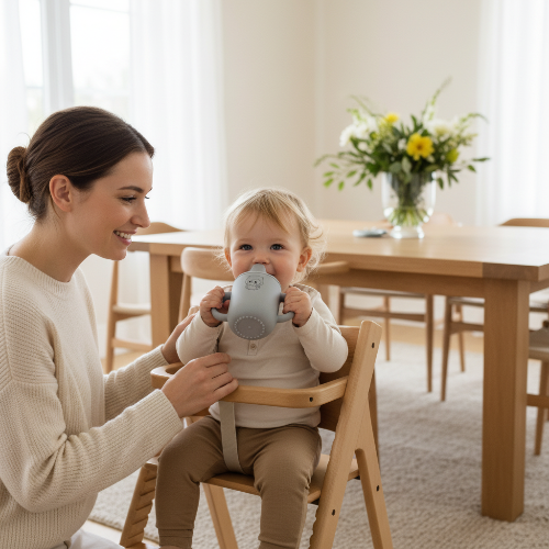 Gobelet bébé personnalisé gris bébé assis dans sa chaise haute maman à côté de bébé