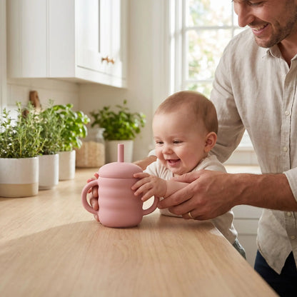 Gobelet paille bébé  anti fuite silicone rose