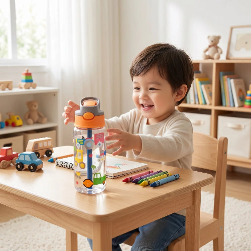 Gobelet paille bébé aquasafe orange sur le pupitre de l'enfant dans sa salle de jeux
