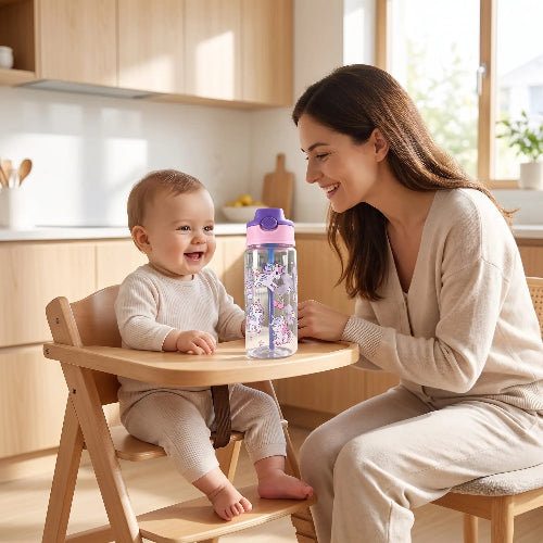 Gobelet paille bébé autonomie mauve sur la chaise haute avec bébé et maman