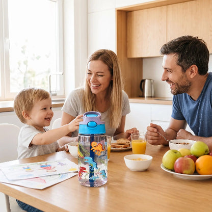 Gobelet paille bébé autonomie turquoise enfant assis à la table avec maman et papa