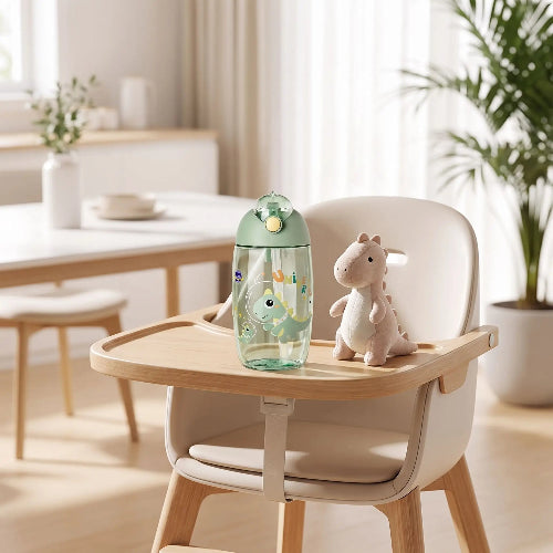 Gobelet paille bébé dinosafe vert sur la chaise haute de bébé dans la cuisine