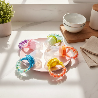 Grignoteuse bébé anneaux cloche différentes couleurs sur la table de cuisine 