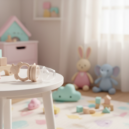 Grignoteuse bébé beige sur la table de chevet de bébé avec jouets