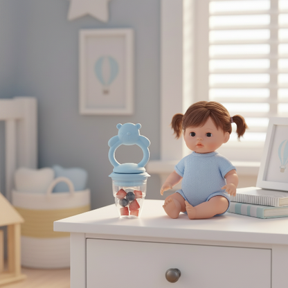 Grignoteuse bébé bleu sur la table de chevet de bébé avec poupée avec couette