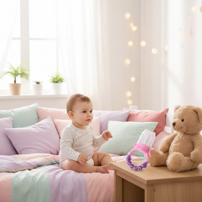 Grignoteuse bébé mauve rose sur la table de chevet dans sa salle de jeux